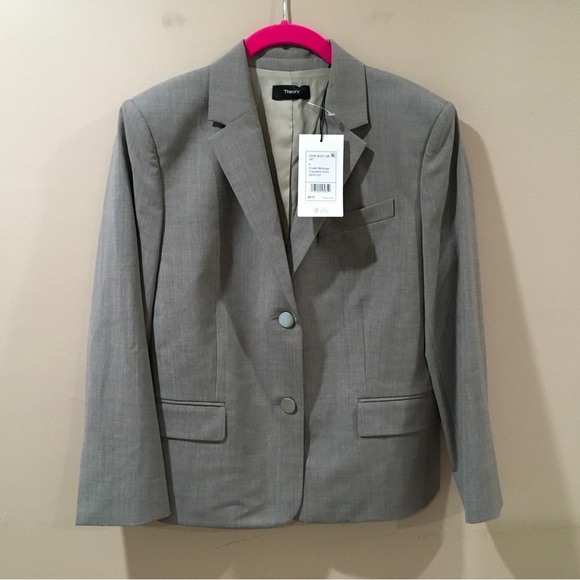 Theory Jackets & Blazers - Theory Jacket Crop Boxy SB Blazer Women 4 Grey Cinder Melange Traceable Wool New